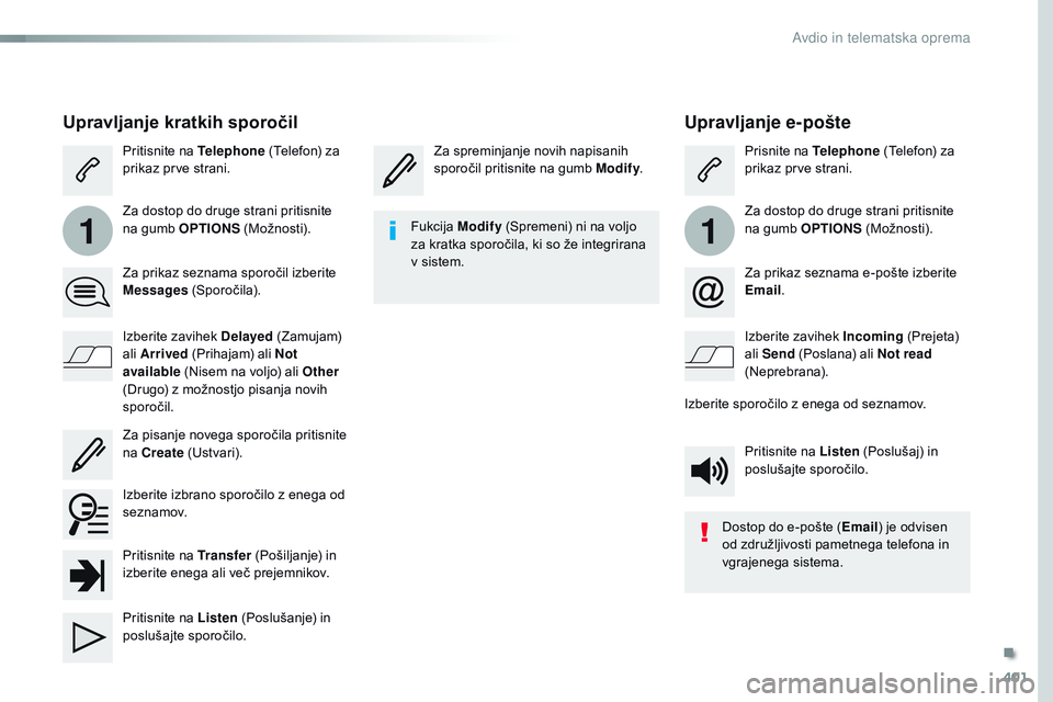 CITROEN JUMPER SPACETOURER 2017  Navodila Za Uporabo (in Slovenian) 401
11
Spacetourer-vP_sl_Chap10b_NAC-1_ed01-2016
Upravljanje e-pošte
Za spreminjanje novih napisanih 
sporočil pritisnite na gumb Modify .Prisnite na Telephone
 (Telefon) za 
prikaz prve strani.
Za 