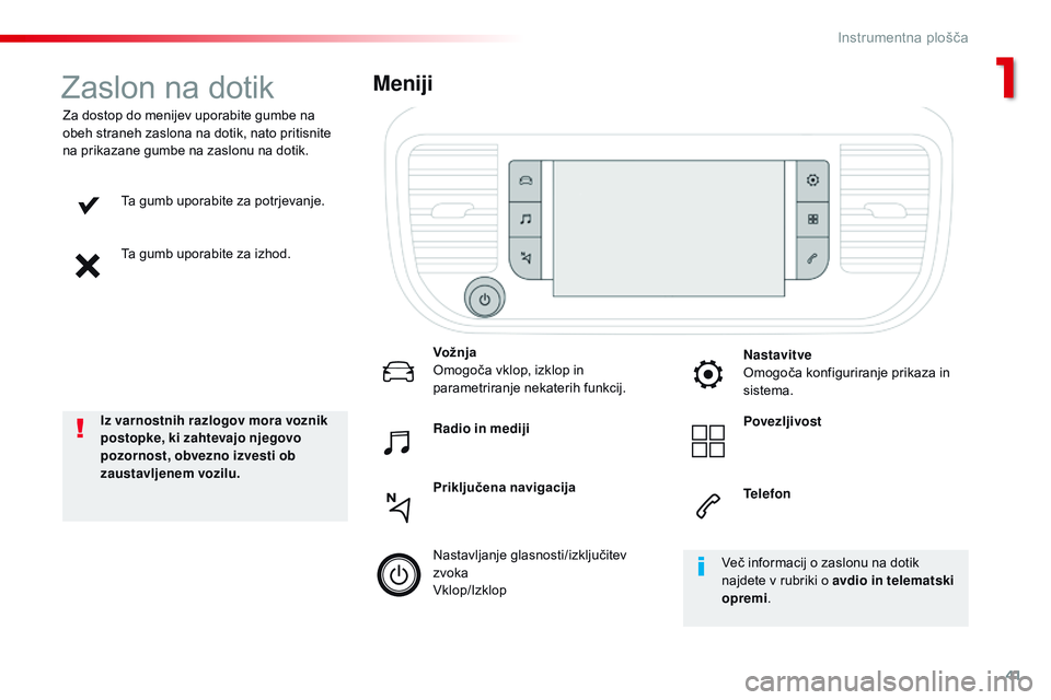 CITROEN JUMPER SPACETOURER 2017 Navodila Za Uporabo (in Slovenian) 41
Spacetourer-vP_sl_Chap01_instruments-de-bord_ed01-2016
Ta gumb uporabite za potrjevanje.
Ta gumb uporabite za izhod.
Za dostop do menijev uporabite gumbe na
obeh straneh zaslona na dotik, nato pri CITROEN JUMPER SPACETOURER 2017 Navodila Za Uporabo (in Slovenian) 41
Spacetourer-vP_sl_Chap01_instruments-de-bord_ed01-2016
Ta gumb uporabite za potrjevanje.
Ta gumb uporabite za izhod.
Za dostop do menijev uporabite gumbe na
obeh straneh zaslona na dotik, nato pri