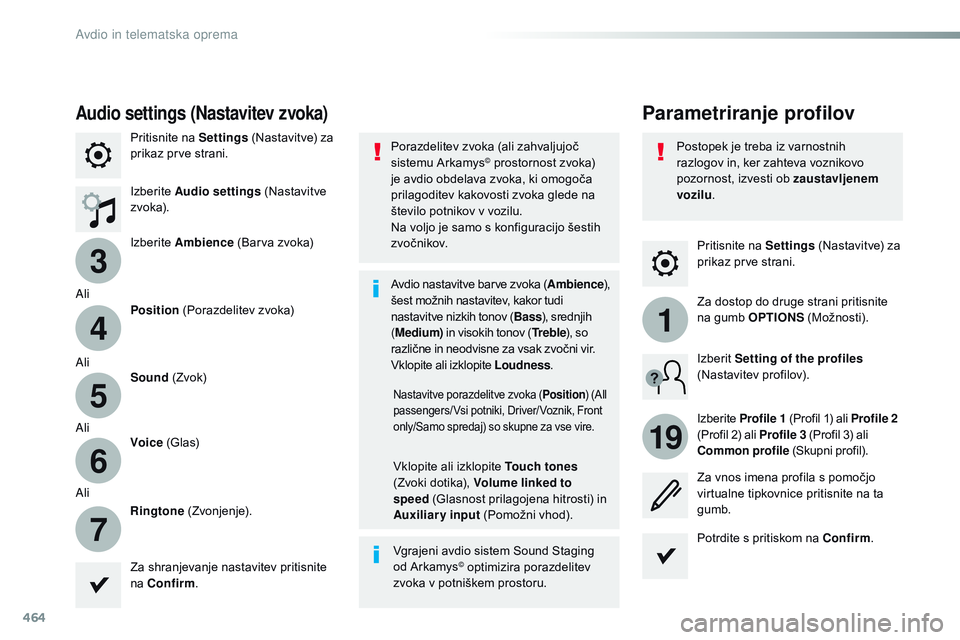 CITROEN JUMPER SPACETOURER 2017  Navodila Za Uporabo (in Slovenian) 464
3
4
5
6
7
1
19
Spacetourer-vP_sl_Chap10c_RCC-1_ed01-2016
Pritisnite na  Settings (Nastavitve) za 
prikaz prve strani.
Parametriranje profilovAudio settings (Nastavitev zvoka)
Pritisnite na  Settin