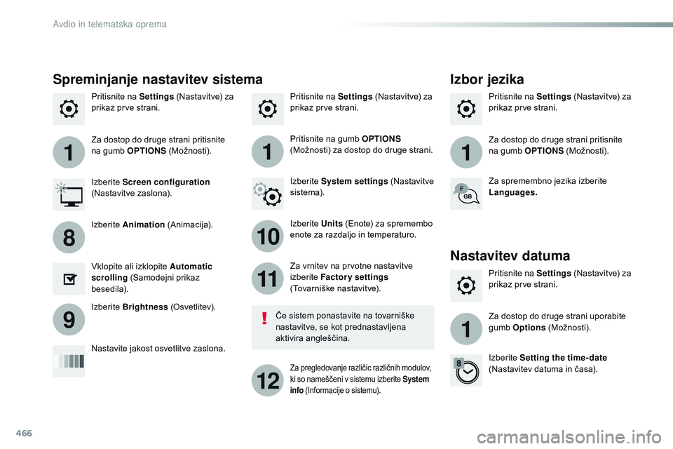 CITROEN JUMPER SPACETOURER 2017  Navodila Za Uporabo (in Slovenian) 466
111
10
11
12
8
91
Spacetourer-vP_sl_Chap10c_RCC-1_ed01-2016
Pritisnite na  Settings (Nastavitve) za 
prikaz prve strani. Pritisnite na 
Settings (Nastavitve) za 
prikaz prve strani.
Pritisnite na 