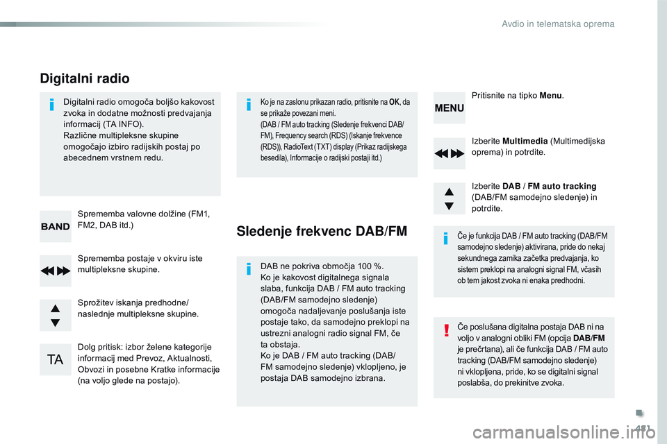 CITROEN JUMPER SPACETOURER 2017  Navodila Za Uporabo (in Slovenian) 481
Spacetourer-vP_sl_Chap10d_RD6_ed01-2016
Izberite  Multimedia  (Multimedijska 
oprema) in potrdite.
Izberite  DAB
  /   FM auto tracking 
(DAB/FM samodejno sledenje) in 
potrdite.
Dolg pritisk: izb