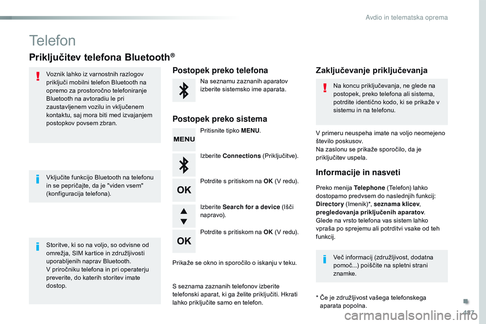 CITROEN JUMPER SPACETOURER 2017  Navodila Za Uporabo (in Slovenian) 487
Spacetourer-vP_sl_Chap10d_RD6_ed01-2016
Telefon
Priključitev telefona Bluetooth®
voznik lahko iz varnostnih razlogov 
priključi mobilni telefon Bluetooth na 
opremo za prostoročno telefoniranj