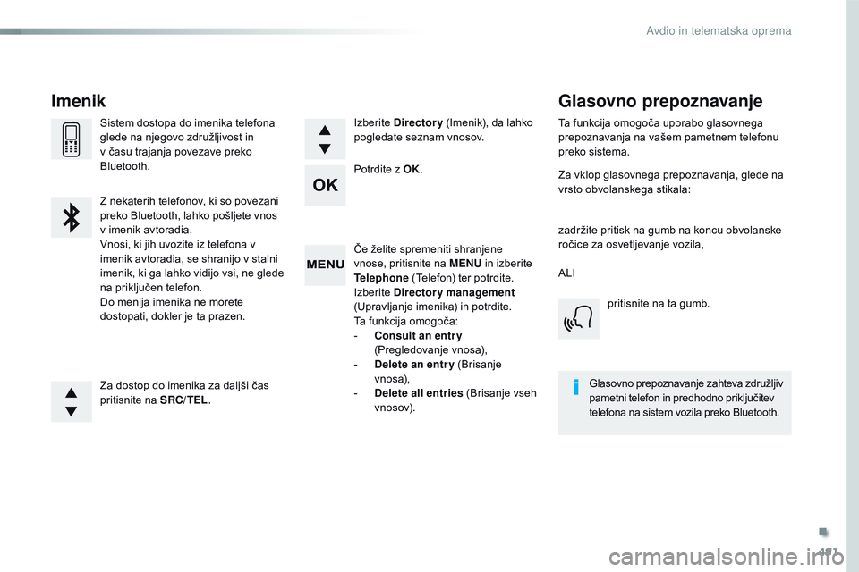 CITROEN JUMPER SPACETOURER 2017  Navodila Za Uporabo (in Slovenian) 491
Spacetourer-vP_sl_Chap10d_RD6_ed01-2016
Če želite spremeniti shranjene 
vnose, pritisnite na MENU  in izberite 
Telephone  (Telefon) ter potrdite.
Izberite  Directory management  
(Upravljanje i