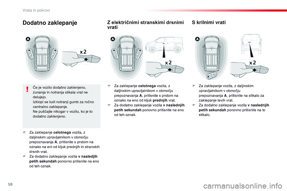 CITROEN JUMPER SPACETOURER 2017  Navodila Za Uporabo (in Slovenian) 58
Spacetourer-VP_sl_Chap02_ouvertures_ed01-2016
Dodatno zaklepanje
Če je vozilo dodatno zaklenjeno, 
zunanja in notranja stikala vrat ne 
delujejo.
Izklopi se tudi notranji gumb za ročno 
centralno CITROEN JUMPER SPACETOURER 2017  Navodila Za Uporabo (in Slovenian) 58
Spacetourer-VP_sl_Chap02_ouvertures_ed01-2016
Dodatno zaklepanje
Če je vozilo dodatno zaklenjeno, 
zunanja in notranja stikala vrat ne 
delujejo.
Izklopi se tudi notranji gumb za ročno 
centralno