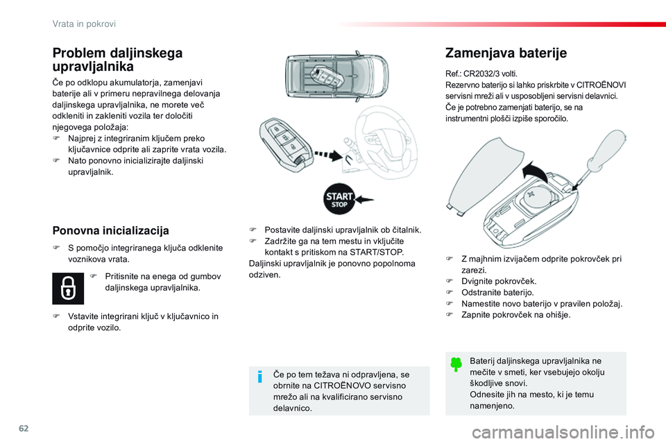 CITROEN JUMPER SPACETOURER 2017  Navodila Za Uporabo (in Slovenian) 62
Spacetourer-VP_sl_Chap02_ouvertures_ed01-2016
Zamenjava baterije
Ref.: CR2032/3 volti.
Rezervno baterijo si lahko priskrbite v CITROËNOvI 
servisni mreži ali v usposobljeni servisni delavnici.
Č CITROEN JUMPER SPACETOURER 2017  Navodila Za Uporabo (in Slovenian) 62
Spacetourer-VP_sl_Chap02_ouvertures_ed01-2016
Zamenjava baterije
Ref.: CR2032/3 volti.
Rezervno baterijo si lahko priskrbite v CITROËNOvI 
servisni mreži ali v usposobljeni servisni delavnici.
Č