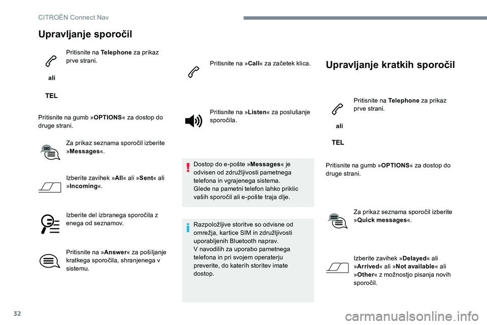 CITROEN JUMPER SPACETOURER 2017  Navodila Za Uporabo (in Slovenian) 32
Upravljanje sporočil
 ali Pritisnite na Telephone
 za prikaz 
pr ve strani.
Pritisnite na gumb » OPTIONS« za dostop do 
druge strani.
Za prikaz seznama sporočil izberite 
»Messages «.
Izberit