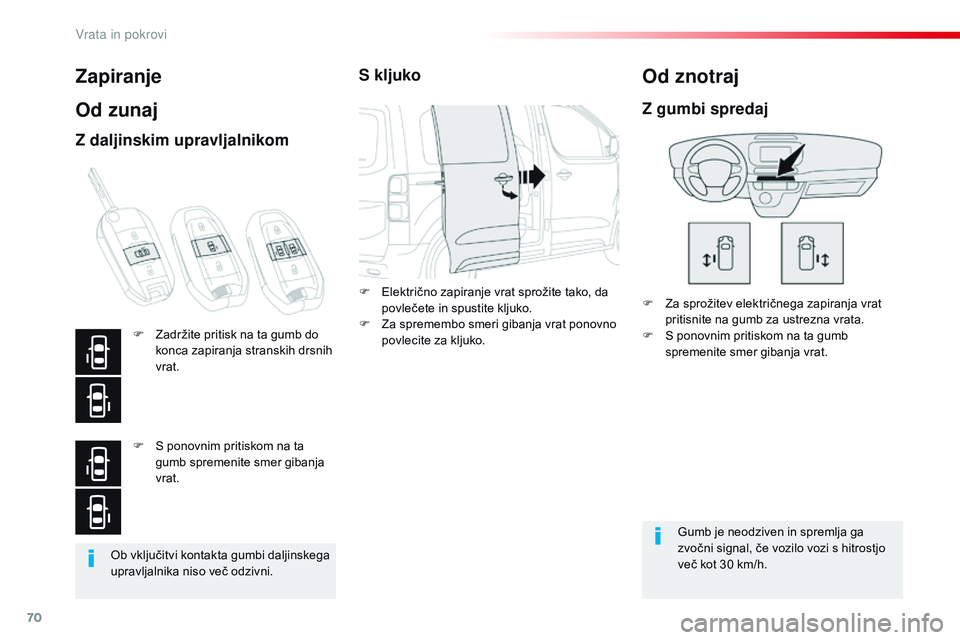 CITROEN JUMPER SPACETOURER 2017  Navodila Za Uporabo (in Slovenian) 70
Spacetourer-VP_sl_Chap02_ouvertures_ed01-2016
Ob vključitvi kontakta gumbi daljinskega 
upravljalnika niso več odzivni.
Zapiranje
Od zunaj
F Za sprožitev električnega zapiranja vrat pritisnite  CITROEN JUMPER SPACETOURER 2017  Navodila Za Uporabo (in Slovenian) 70
Spacetourer-VP_sl_Chap02_ouvertures_ed01-2016
Ob vključitvi kontakta gumbi daljinskega 
upravljalnika niso več odzivni.
Zapiranje
Od zunaj
F Za sprožitev električnega zapiranja vrat pritisnite