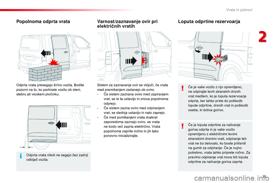 CITROEN JUMPER SPACETOURER 2017  Navodila Za Uporabo (in Slovenian) 73
Spacetourer-VP_sl_Chap02_ouvertures_ed01-2016
Odprta vrata nikoli ne segajo čez zadnji 
odbijač vozila.
Popolnoma odprta vrata
Odprta vrata presegajo širino vozila. Bodite 
pozorni na to, ko par CITROEN JUMPER SPACETOURER 2017  Navodila Za Uporabo (in Slovenian) 73
Spacetourer-VP_sl_Chap02_ouvertures_ed01-2016
Odprta vrata nikoli ne segajo čez zadnji 
odbijač vozila.
Popolnoma odprta vrata
Odprta vrata presegajo širino vozila. Bodite 
pozorni na to, ko par