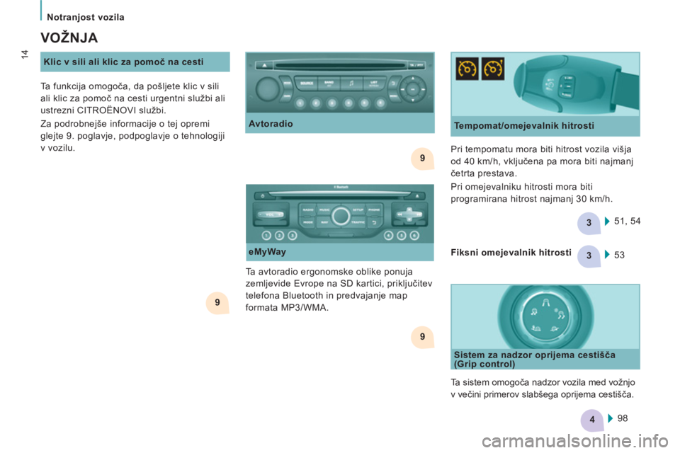 CITROEN JUMPER MULTISPACE 2014  Navodila Za Uporabo (in Slovenian) 9
9
3
4
9
3    
 
Notran
jost vozila 
14 
 
Klic v sili ali klic za pomoč na cesti 
 
 VOŽNJA 
 
 
Tempomat/omejevalnik hitrosti 
  51, 54     Pri tempomatu mora biti hitrost vozila višja 
od 40 km