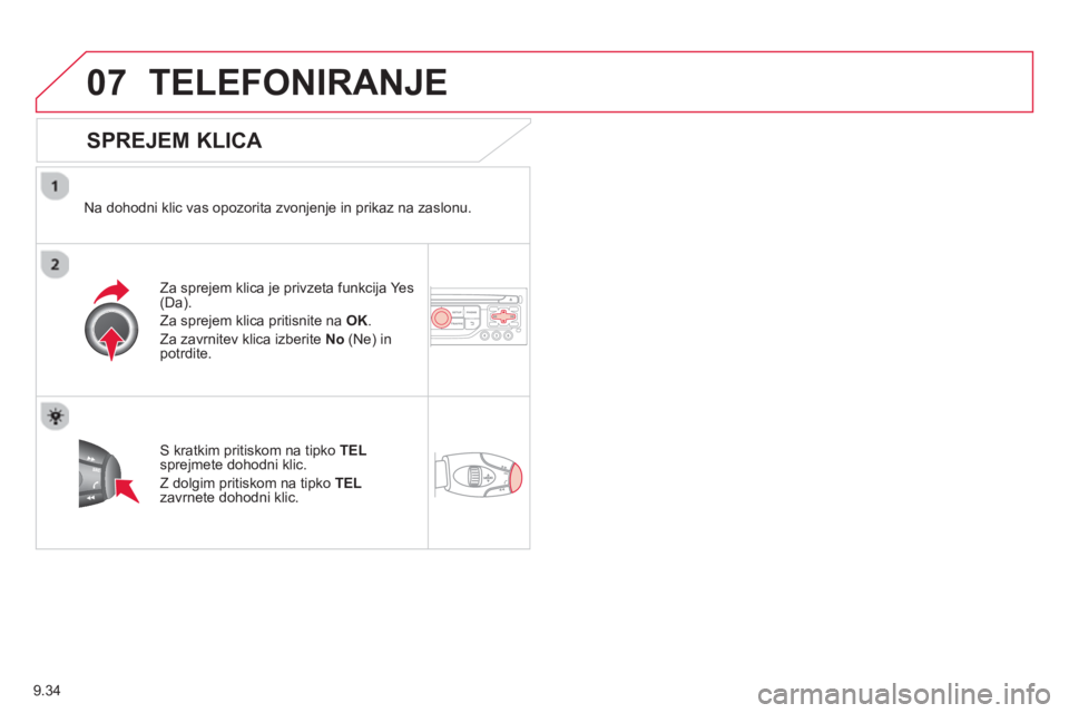 CITROEN JUMPER MULTISPACE 2014  Navodila Za Uporabo (in Slovenian) 9.34
07TELEFONIRANJE 
   
SPREJEM KLICA 
 
 Na dohodni klic vas opozorita zvonjenje in prikaz na zaslonu.
Za spre
jem klica je privzeta funkcija Yes (Da).
Za spre
jem klica pritisnite na OK. 
Z
a zavr