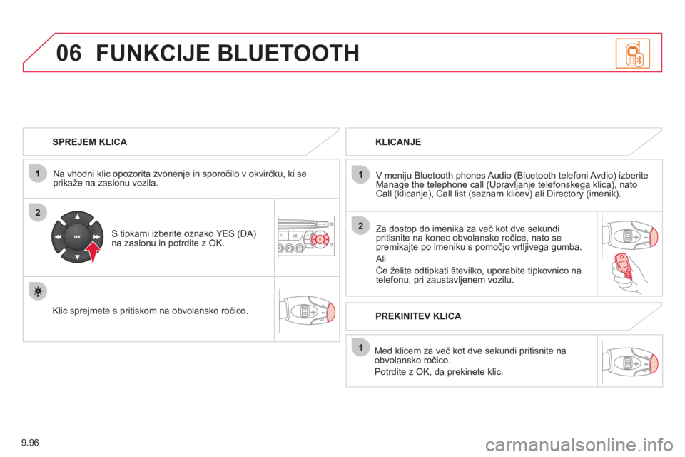 CITROEN JUMPER MULTISPACE 2013 Navodila Za Uporabo (in Slovenian) 9.96
06
2
1
2
1
OK
SPREJEM KLICA
Na vhodni klic opozorita zvonen
je in sporočilo v okvirčku, ki se prikaže na zaslonu vozila.
S tipkami izberite oznako YES (DA) na zaslonu in potrdi CITROEN JUMPER MULTISPACE 2013 Navodila Za Uporabo (in Slovenian) 9.96
06
2
1
2
1
OK
SPREJEM KLICA
Na vhodni klic opozorita zvonen
je in sporočilo v okvirčku, ki se prikaže na zaslonu vozila.
S tipkami izberite oznako YES (DA) na zaslonu in potrdi