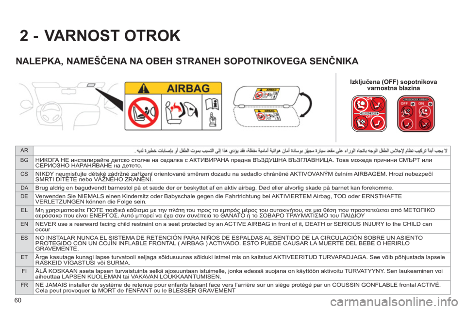 CITROEN JUMPER MULTISPACE 2013  Navodila Za Uporabo (in Slovenian) 60
AR
BG
НИКОГА НЕ инсталирайте детско столче на седалка с АКТИВИРАНА предна ВЪЗДУШНА ВЪЗГЛАВНИЦА. То в а можеда 