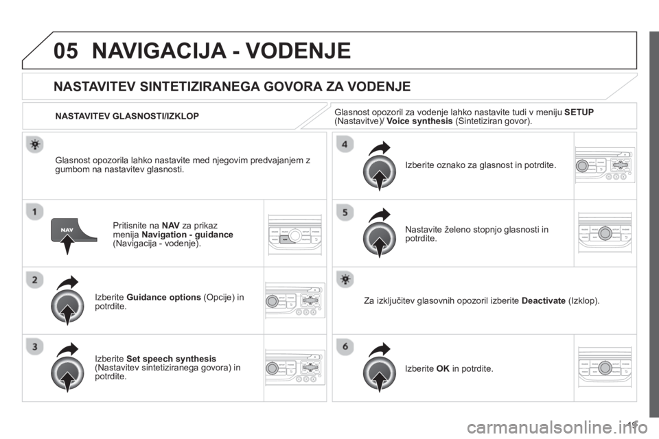 CITROEN JUMPER MULTISPACE 2013 Navodila Za Uporabo (in Slovenian) 19
05NAVIGACIJA - VODENJE
Pritisnite na NAV
za prikaz
menija Navigation - guidance(Navigacija - vodenje).
NASTAVITEV SINTETIZIRANEGA GOVORA ZA VODENJE
Izberite Guidance options
(Op CITROEN JUMPER MULTISPACE 2013 Navodila Za Uporabo (in Slovenian) 19
05NAVIGACIJA - VODENJE
Pritisnite na NAV
za prikaz
menija Navigation - guidance(Navigacija - vodenje).
NASTAVITEV SINTETIZIRANEGA GOVORA ZA VODENJE
Izberite Guidance options
(Op
