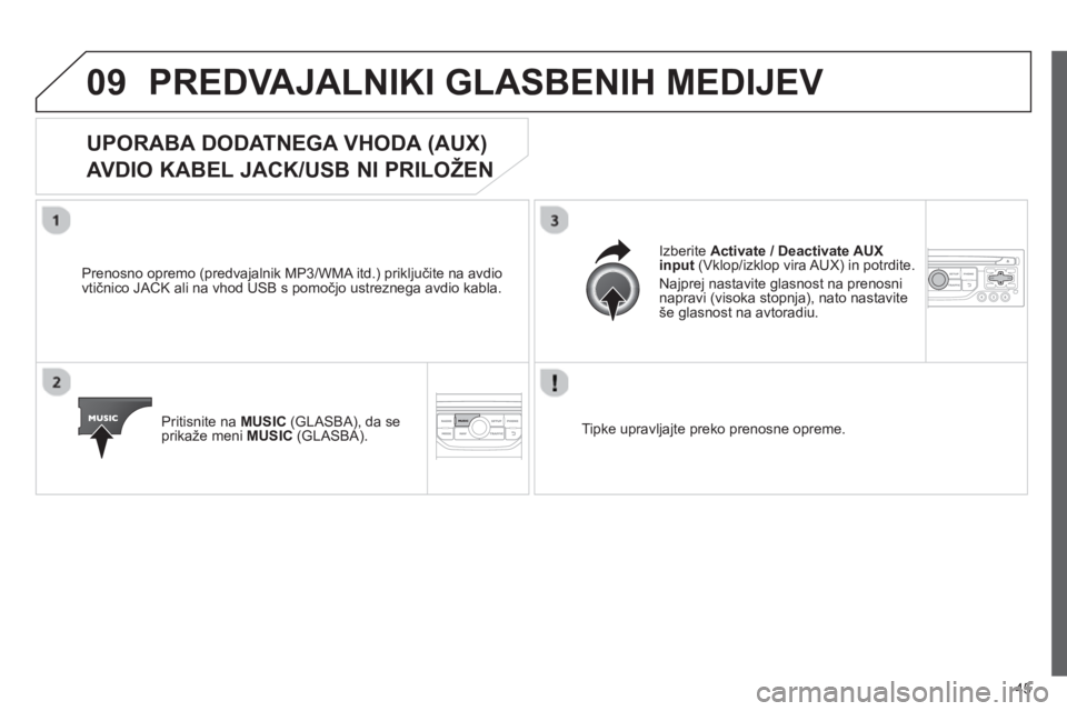 CITROEN JUMPER MULTISPACE 2013  Navodila Za Uporabo (in Slovenian) 45
09PREDVAJALNIKI GLASBENIH MEDIJEV 
   
 
 
 
 
 
 
 
 
 
 
UPORABA DODATNEGA VHODA (AUX) 
AVDIO KABEL JACK/USB NI PRILOŽEN
   
Prenosno opremo (predvajalnik MP3/WMA itd.) priključite na avdio
vti
