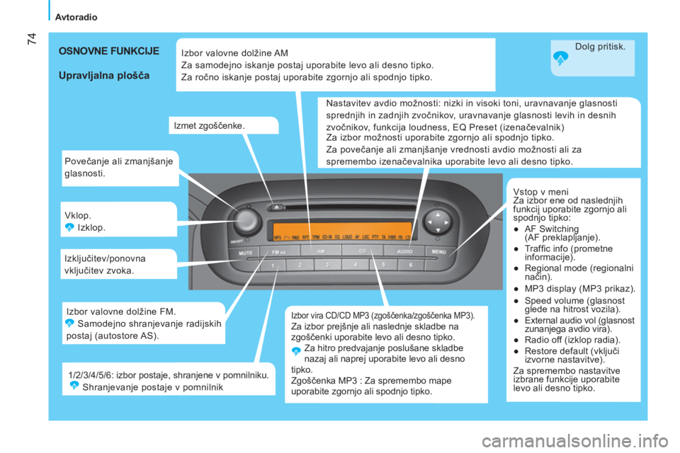 CITROEN NEMO 2014  Navodila Za Uporabo (in Slovenian)  74
 
 
 
Avtoradio  
 
  Povečanje ali zmanjšanje 
glasnosti .
  Vklop .
  Izklop .
  Izključitev/ponovna 
vključitev zvoka .
 
Izbor vira CD/CD MP3 (zgoščenka/zgoščenka MP3) . 
Za izbor prej