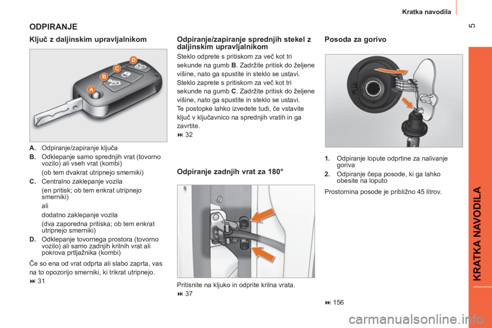 CITROEN NEMO 2013  Navodila Za Uporabo (in Slovenian) 5
KRATKA NAVODIL
A
Kratka navodila
  ODPIRANJE 
 
 
Ključ z daljinskim upravljalnikom 
 
 
 
A. 
 Odpiranje/zapiranje ključa 
   
B. 
  Odklepanje samo sprednjih vrat (tovorno 
vozilo) ali vseh vrat