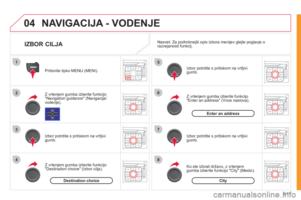 CITROEN NEMO 2012  Navodila Za Uporabo (in Slovenian) 9.11
04
1
2
3
4
5
6
7
8
NAVIGACIJA - VODENJE
   
Pritisnite tipko MENU (MENI).  
   
Z vrten
jem gumba izberite funkcijo 
"Navigation guidance" (Navigacija/vodenje).  
   
Izbor potrdite s pritiskom n