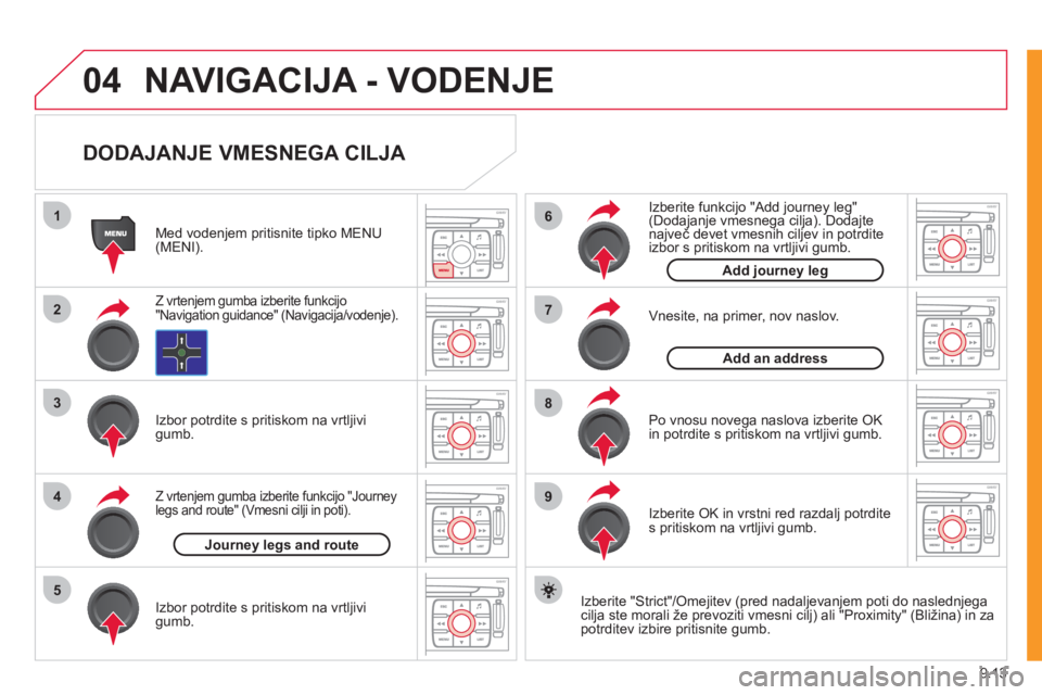 CITROEN NEMO 2012  Navodila Za Uporabo (in Slovenian) 9.13
04
1
2
3
5
6
7
8
94
NAVIGACIJA - VODENJE
   
DODAJANJE VMESNEGA CILJA 
 
 
Izberite "Strict"/Omejitev (pred nadaljevanjem poti do naslednjegacilja ste morali že prevoziti vmesni cilj) ali "Proxi
