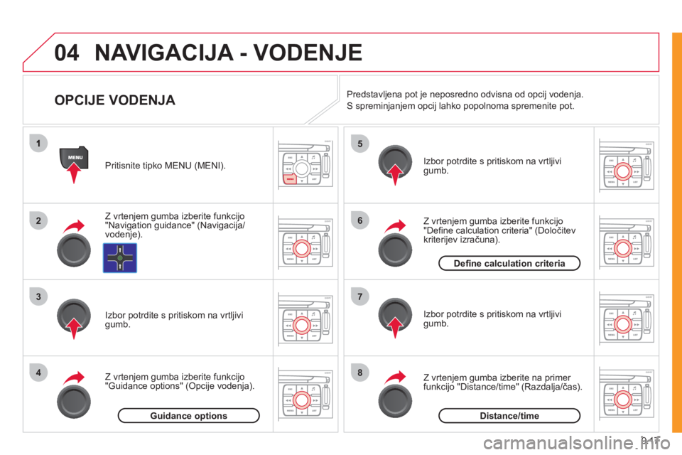 CITROEN NEMO 2012  Navodila Za Uporabo (in Slovenian) 9.17
04
2
3
4
5
6
7
8
NAVIGACIJA - VODENJE
   
 
 
 
 
 
 
OPCIJE VODENJA 
Z vrtenjem gumba izberite funkcijo"Navigation guidance" (Navigacija/vodenje).   Pritisnite tipko MENU 
(MENI).
Z vrten
jem gu