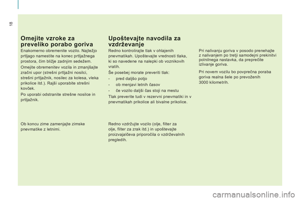 CITROEN NEMO 2012 Navodila Za Uporabo (in Slovenian) 18
Omejite vzroke za
preveliko porabo goriva
Enakomerno obremenite vozilo. Najtežjo
prtljago namestite na konec prtljažnega
prostora, čim bližje zadnjim sedežem.
Omejite obremenitev vo CITROEN NEMO 2012 Navodila Za Uporabo (in Slovenian) 18
Omejite vzroke za
preveliko porabo goriva
Enakomerno obremenite vozilo. Najtežjo
prtljago namestite na konec prtljažnega
prostora, čim bližje zadnjim sedežem.
Omejite obremenitev vo