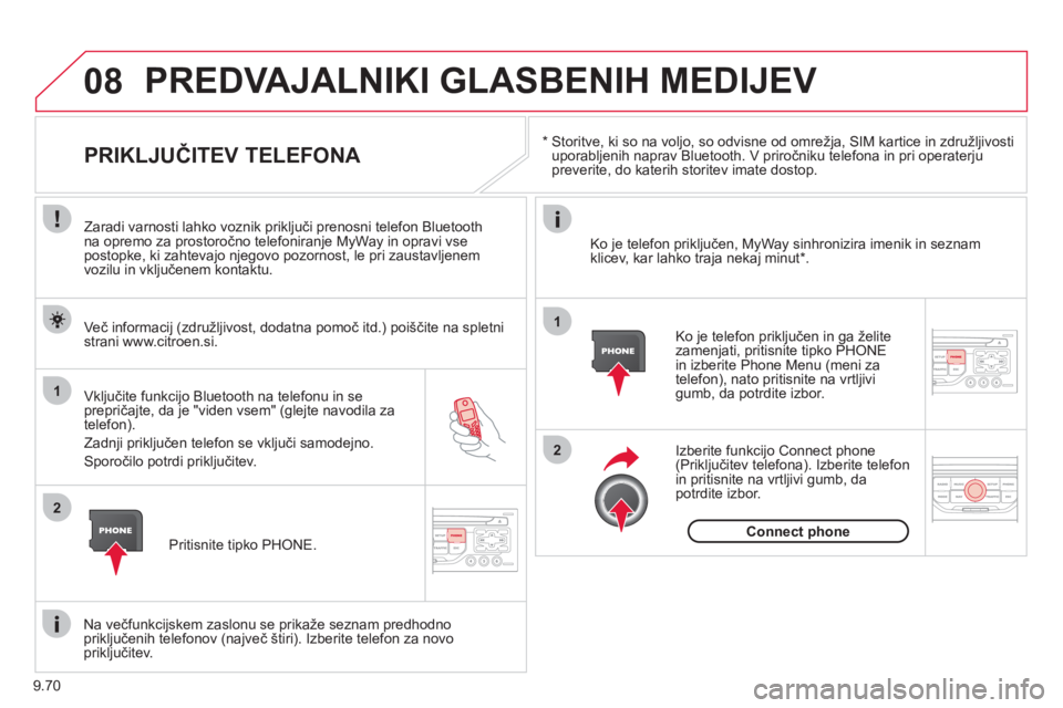 CITROEN NEMO 2012 Navodila Za Uporabo (in Slovenian) 9.70
08
1
2
2
1
*
Storitve, ki so na voljo, so odvisne od omrežja, SIM kartice in združljivostiuporabljenih naprav Bluetooth. V priročniku telefona in pri operaterju preverite, do katerih st CITROEN NEMO 2012 Navodila Za Uporabo (in Slovenian) 9.70
08
1
2
2
1
*
Storitve, ki so na voljo, so odvisne od omrežja, SIM kartice in združljivostiuporabljenih naprav Bluetooth. V priročniku telefona in pri operaterju preverite, do katerih st