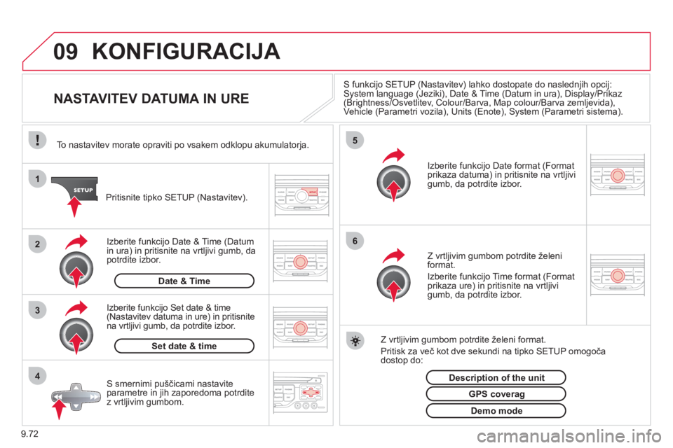 CITROEN NEMO 2012 Navodila Za Uporabo (in Slovenian) 9.72
09
4 3 2 1
65
KONFIGURACIJA
NASTAVITEV DATUMA IN URE
S funkcijo SETUP (Nastavitev) lahko dostopate do naslednjih opcij: System language (Jeziki), Date & Time (Datum in u CITROEN NEMO 2012 Navodila Za Uporabo (in Slovenian) 9.72
09
4 3 2 1
65
KONFIGURACIJA
NASTAVITEV DATUMA IN URE
S funkcijo SETUP (Nastavitev) lahko dostopate do naslednjih opcij: System language (Jeziki), Date & Time (Datum in u