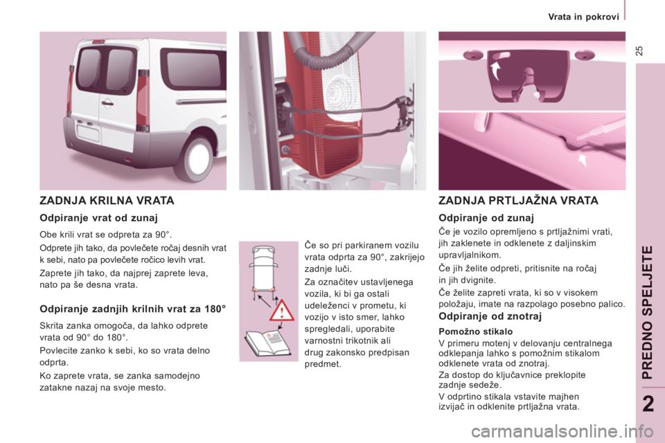 CITROEN NEMO 2012  Navodila Za Uporabo (in Slovenian)  25
   
 
Vrata in pokrovi  
 
PREDNO SPELJETE
2
 
ZADNJA KRILNA VRATA 
 
Če so pri parkiranem vozilu 
vrata odprta za 90°, zakrijejo 
zadnje luči. 
  Za označitev ustavljenega 
vozila, ki bi ga o