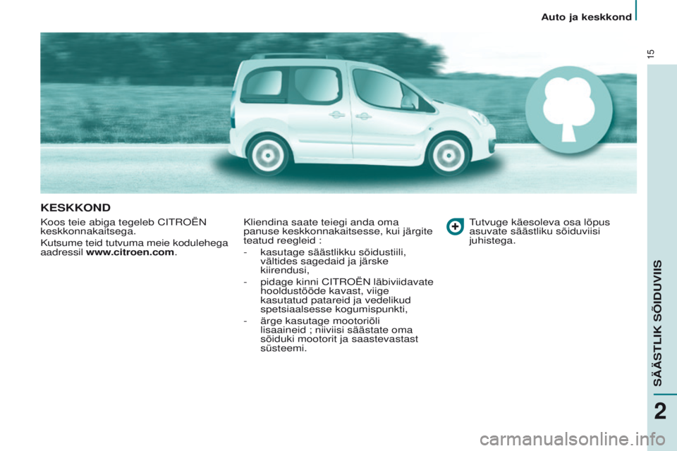 CITROEN BERLINGO MULTISPACE 2017  Kasutusjuhend (in Estonian) 15
Berlingo2VP_et_Chap02_eco-conduite_ed02-2016
KESKKOND
Koos teie abiga tegeleb Citroën 
keskkonnakaitsega.
Kutsume teid tutvuma meie kodulehega
 
aadressil  www.citroen.com. Kliendina saate teiegi 