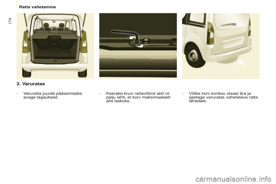 CITROEN BERLINGO MULTISPACE 2017  Kasutusjuhend (in Estonian) 174
Berlingo2VP_et_Chap08_Aide-rapide_ed02-2016Berlingo2VP_et_Chap08_Aide-rapide_ed02-2016
3. Varuratas
- Keerake kruvi rattavõtme abil nii 
palju lahti, et korv maksimaalselt 
alla laskuks.
-
 V
aru