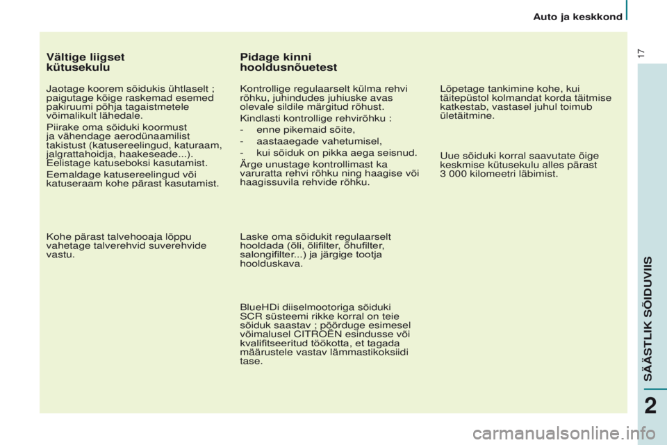 CITROEN BERLINGO MULTISPACE 2017  Kasutusjuhend (in Estonian) 17
Berlingo2VP_et_Chap02_eco-conduite_ed02-2016
Vältige liigset  
kütusekulu
Jaotage koorem sõidukis ühtlaselt ; 
paigutage kõige raskemad esemed 
pakiruumi põhja tagaistmetele 
võimalikult lä