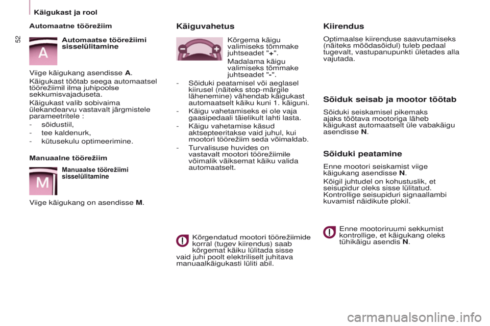 CITROEN BERLINGO MULTISPACE 2017 Kasutusjuhend (in Estonian) 52
Berlingo2VP_et_Chap03_Pret-a-partir_ed02-2016Berlingo2VP_et_Chap03_Pret-a-partir_ed02-2016
Kiirendus
optimaalse kiirenduse saavutamiseks
(näiteks möödasõidul) tuleb pedaal
tugevalt, vastupanu CITROEN BERLINGO MULTISPACE 2017 Kasutusjuhend (in Estonian) 52
Berlingo2VP_et_Chap03_Pret-a-partir_ed02-2016Berlingo2VP_et_Chap03_Pret-a-partir_ed02-2016
Kiirendus
optimaalse kiirenduse saavutamiseks
(näiteks möödasõidul) tuleb pedaal
tugevalt, vastupanu