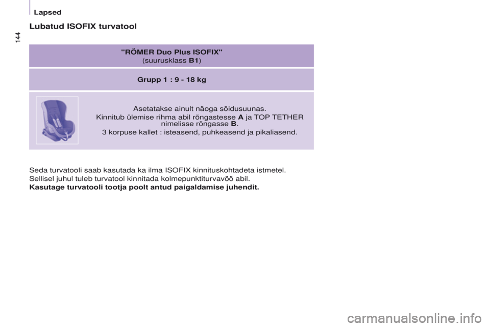 CITROEN BERLINGO MULTISPACE 2016 Kasutusjuhend (in Estonian) 144
Berlingo-2-VP_et_Chap05_securite_ed01-2016
144
seda turvatooli saab kasutada ka ilma isoFiX kinnituskohtadeta istmetel.
s
ellisel juhul tuleb turvatool kinnitada kolmepunktiturvavöö abil.
Kasuta CITROEN BERLINGO MULTISPACE 2016 Kasutusjuhend (in Estonian) 144
Berlingo-2-VP_et_Chap05_securite_ed01-2016
144
seda turvatooli saab kasutada ka ilma isoFiX kinnituskohtadeta istmetel.
s
ellisel juhul tuleb turvatool kinnitada kolmepunktiturvavöö abil.
Kasuta