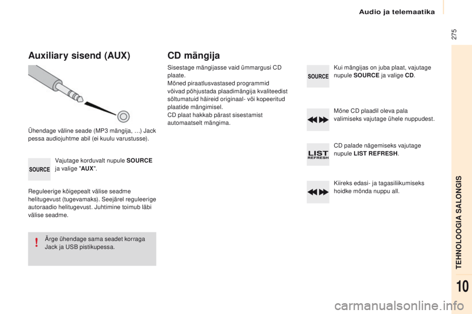 CITROEN BERLINGO MULTISPACE 2016 Kasutusjuhend (in Estonian) Audio ja telemaatika
275
Berlingo-2-VP_et_Chap10b_rD45_ed01-2016
Auxiliary sisend (AUX)
Ühendage väline seade (mP 3 mängija, …) ja ck
pessa audiojuhtme abil (ei kuulu varustusse).
Vajutage k CITROEN BERLINGO MULTISPACE 2016 Kasutusjuhend (in Estonian) Audio ja telemaatika
275
Berlingo-2-VP_et_Chap10b_rD45_ed01-2016
Auxiliary sisend (AUX)
Ühendage väline seade (mP 3 mängija, …) ja ck
pessa audiojuhtme abil (ei kuulu varustusse).
Vajutage k