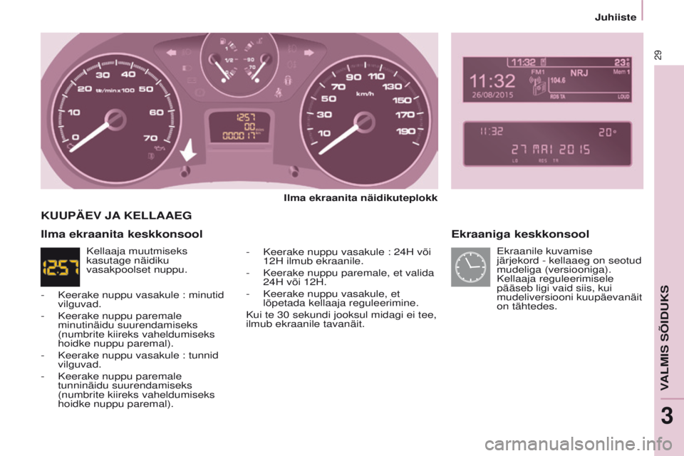 CITROEN BERLINGO MULTISPACE 2016 Kasutusjuhend (in Estonian) 29
Berlingo-2-VP_et_Chap03_Pret-a-partir_ed01-2016
Juhiiste
Ekraaniga keskkonsool
Ilma ekraanita näidikuteplokk
-
Keerake nuppu vasakule : 24H või
12H ilmub ekraanile.
-
Keerake nuppu paremale CITROEN BERLINGO MULTISPACE 2016 Kasutusjuhend (in Estonian) 29
Berlingo-2-VP_et_Chap03_Pret-a-partir_ed01-2016
Juhiiste
Ekraaniga keskkonsool
Ilma ekraanita näidikuteplokk
-
Keerake nuppu vasakule : 24H või
12H ilmub ekraanile.
-
Keerake nuppu paremale