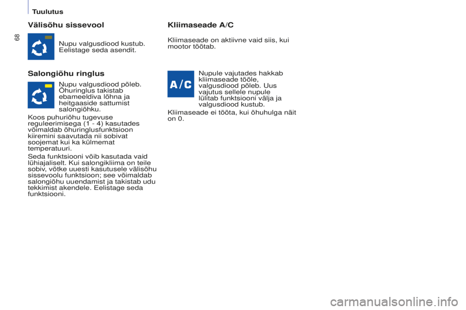 CITROEN BERLINGO MULTISPACE 2015 Kasutusjuhend (in Estonian) 68
Berlingo-2-VP_et_Chap04_Ergonomie_ed01-2015Berlingo-2-VP_et_Chap04_Ergonomie_ed01-2015
Välisõhu sissevool
Salongiõhu ringlusKliimaseade A/C
Nupu valgusdiood kustub.
Eelistage seda asendit.
Nupu CITROEN BERLINGO MULTISPACE 2015 Kasutusjuhend (in Estonian) 68
Berlingo-2-VP_et_Chap04_Ergonomie_ed01-2015Berlingo-2-VP_et_Chap04_Ergonomie_ed01-2015
Välisõhu sissevool
Salongiõhu ringlusKliimaseade A/C
Nupu valgusdiood kustub.
Eelistage seda asendit.
Nupu