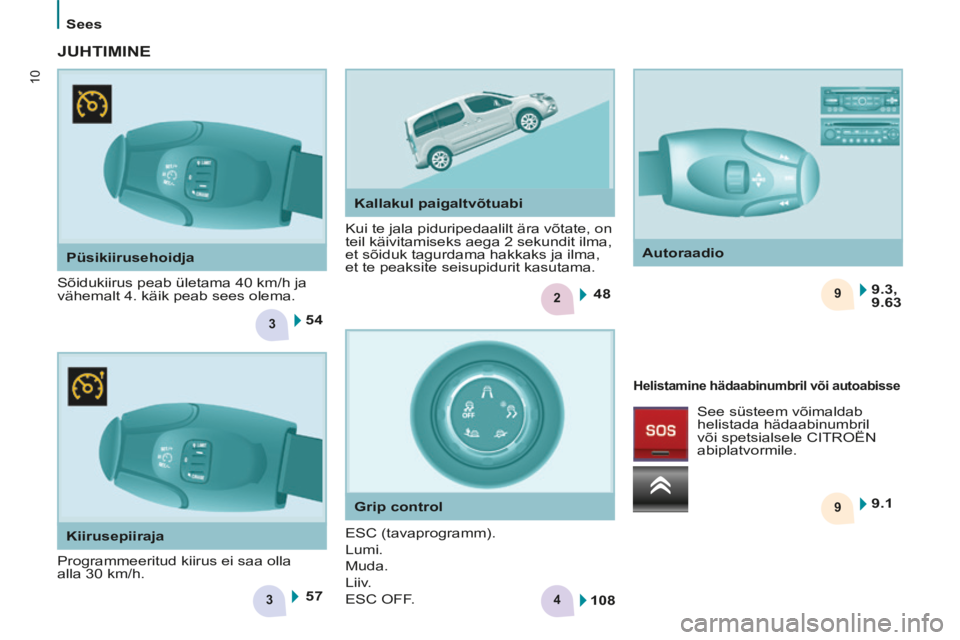 CITROEN BERLINGO MULTISPACE 2014 Kasutusjuhend (in Estonian) 3
2
3
9 9
4
5448
57 9.1
9.3,
9.63
108
10
Sees
Berlingo-2-VP-papier_et_Chap01_Prise en Main_ed01-2014
Püsikiirusehoidja
Sõidukiirus peab ületama 40 km/h ja
vähemalt 4. käik peab sees ol CITROEN BERLINGO MULTISPACE 2014 Kasutusjuhend (in Estonian) 3
2
3
9 9
4
5448
57 9.1
9.3,
9.63
108
10
Sees
Berlingo-2-VP-papier_et_Chap01_Prise en Main_ed01-2014
Püsikiirusehoidja
Sõidukiirus peab ületama 40 km/h ja
vähemalt 4. käik peab sees ol
