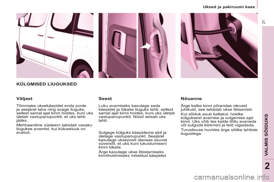 CITROEN BERLINGO MULTISPACE 2014 Kasutusjuhend (in Estonian) 21
Uksed ja pakiruumi kaas
VALMIS SÕIDUKS
2
Berlingo-2-VP-papier_et_Chap02_Pret-a-partir_ed01-2014
KÜLGMISED LIUGUKSED
Väljast
Tõmmake uksekäepidet enda poole
ja seejärel taha n CITROEN BERLINGO MULTISPACE 2014 Kasutusjuhend (in Estonian) 21
Uksed ja pakiruumi kaas
VALMIS SÕIDUKS
2
Berlingo-2-VP-papier_et_Chap02_Pret-a-partir_ed01-2014
KÜLGMISED LIUGUKSED
Väljast
Tõmmake uksekäepidet enda poole
ja seejärel taha n