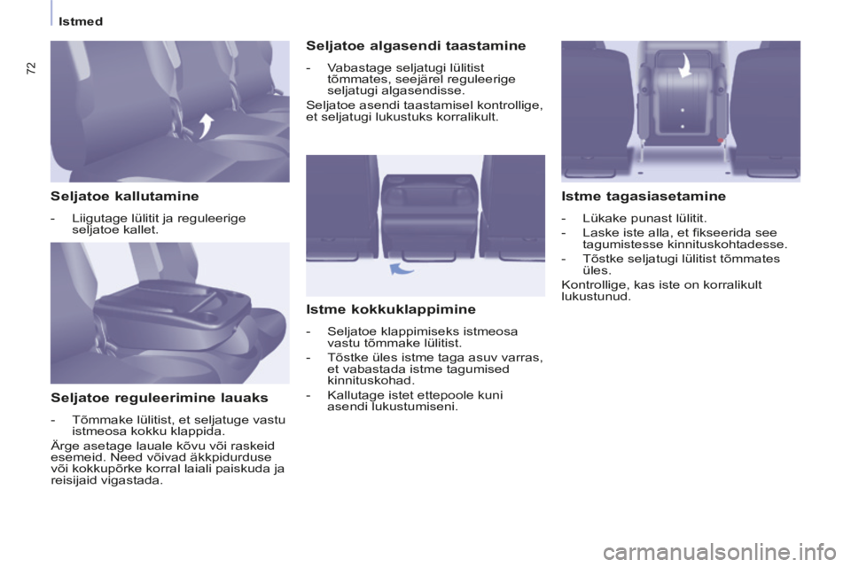 CITROEN BERLINGO MULTISPACE 2014 Kasutusjuhend (in Estonian) Istmed
Berlingo-2-VP-papier_et_Chap03_Ergonomie_ed01-2014
72
Seljatoe kallutamine
- Liigutage lülitit ja reguleerige seljatoe kallet.
Seljatoe reguleerimine lauaks
- T CITROEN BERLINGO MULTISPACE 2014 Kasutusjuhend (in Estonian) Istmed
Berlingo-2-VP-papier_et_Chap03_Ergonomie_ed01-2014
72
Seljatoe kallutamine
- Liigutage lülitit ja reguleerige seljatoe kallet.
Seljatoe reguleerimine lauaks
- T