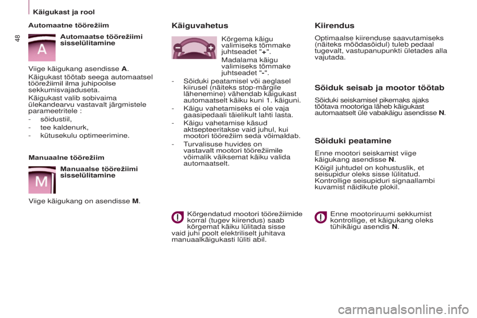 CITROEN BERLINGO ELECTRIC 2017 Kasutusjuhend (in Estonian) 48
BERLINGO-2-VU_ET_CHAP03_PRET-A-PARTIR_ED01-2015BERLINGO-2-VU_ET_CHAP03_PRET-A-PARTIR_ED01-2015
Manuaalne töörežiim
Manuaalse töörežiimi
sisselülitamine
Viige käigukang on asendisse M.
Auto CITROEN BERLINGO ELECTRIC 2017 Kasutusjuhend (in Estonian) 48
BERLINGO-2-VU_ET_CHAP03_PRET-A-PARTIR_ED01-2015BERLINGO-2-VU_ET_CHAP03_PRET-A-PARTIR_ED01-2015
Manuaalne töörežiim
Manuaalse töörežiimi
sisselülitamine
Viige käigukang on asendisse M.
Auto