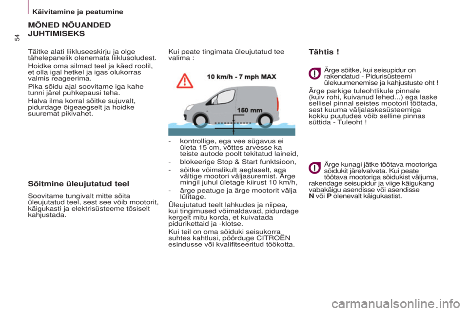 CITROEN BERLINGO ELECTRIC 2017  Kasutusjuhend (in Estonian) 54
BERLINGO-2-VU_ET_CHAP03_PRET-A-PARTIR_ED01-2015BERLINGO-2-VU_ET_CHAP03_PRET-A-PARTIR_ED01-2015
MÕNED NÕUANDED 
JUHTIMISEKS
täitke alati liikluseeskirju ja olge 
tähelepanelik olenemata liikluso