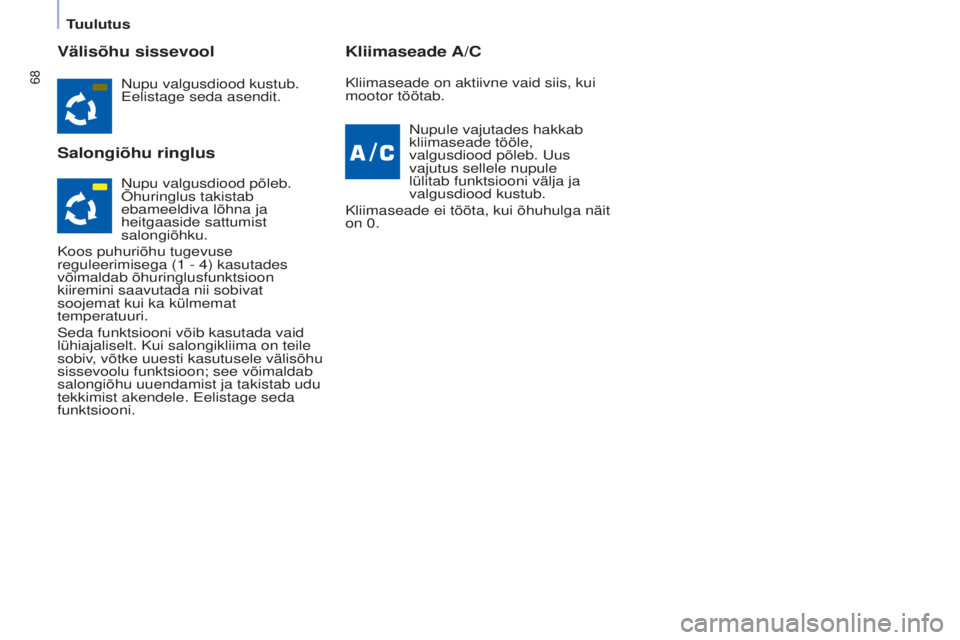 CITROEN BERLINGO ELECTRIC 2017 Kasutusjuhend (in Estonian) 68
Berlingo-2-VU_et_Chap04_Ergonomie_ed01-2015Berlingo-2-VU_et_Chap04_Ergonomie_ed01-2015
Välisõhu sissevool
Salongiõhu ringlusKliimaseade A/C
Nupu valgusdiood kustub.
Eelistage seda asendit.
Nupu CITROEN BERLINGO ELECTRIC 2017 Kasutusjuhend (in Estonian) 68
Berlingo-2-VU_et_Chap04_Ergonomie_ed01-2015Berlingo-2-VU_et_Chap04_Ergonomie_ed01-2015
Välisõhu sissevool
Salongiõhu ringlusKliimaseade A/C
Nupu valgusdiood kustub.
Eelistage seda asendit.
Nupu