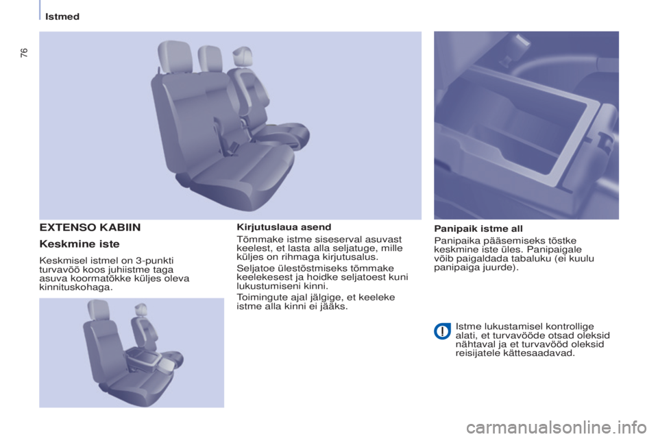 CITROEN BERLINGO ELECTRIC 2017  Kasutusjuhend (in Estonian) 76
Berlingo-2-VU_et_Chap04_Ergonomie_ed01-2015Berlingo-2-VU_et_Chap04_Ergonomie_ed01-2015
Kirjutuslaua asend
t
õmmake istme siseserval asuvast 
keelest, et lasta alla seljatuge, mille 
küljes on rih