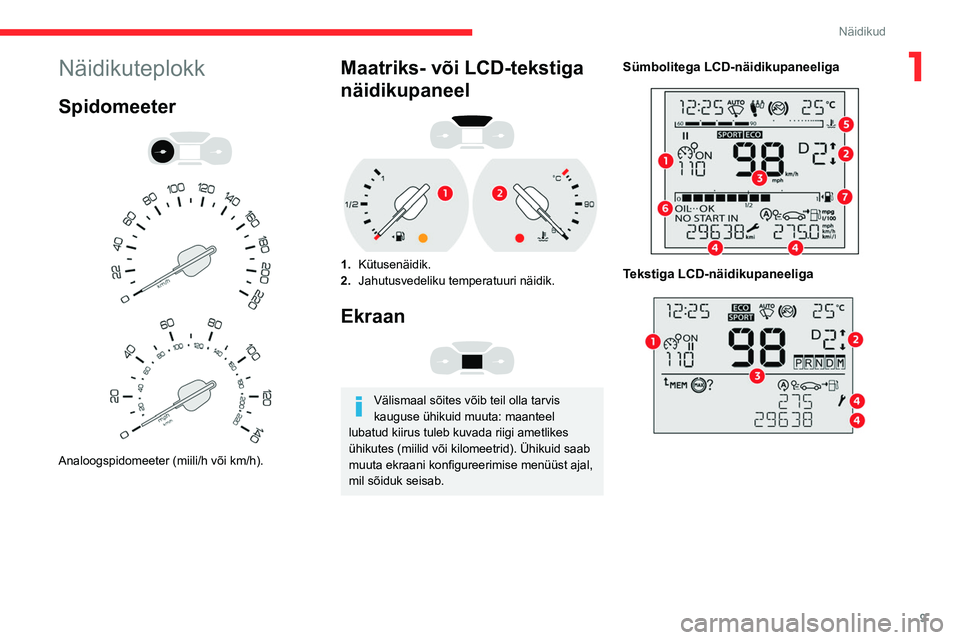 CITROEN BERLINGO VAN 2021  Kasutusjuhend (in Estonian) 9
Näidikud
1Näidikuteplokk
Spidomeeter 
 
 
 
Analoogspidomeeter (miili/h või km/h).
Maatriks- või LCD-tekstiga 
näidikupaneel
 
 
1. Kütusenäidik.
2. Jahutusvedeliku temperatuuri näidik.
Ekra