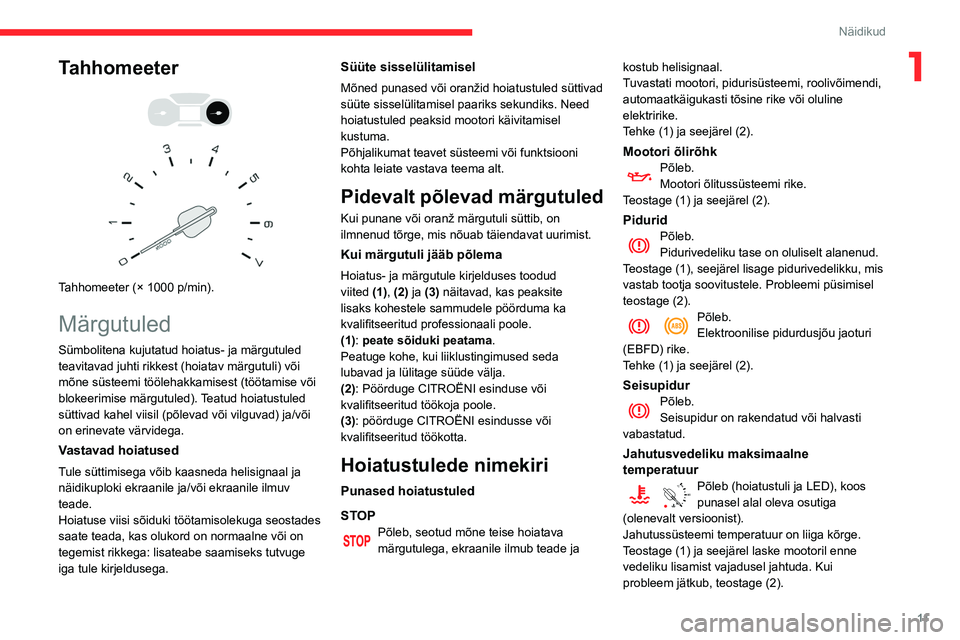 CITROEN BERLINGO VAN 2021  Kasutusjuhend (in Estonian) 11
Näidikud
1Tahhomeeter 
 
 
 
Tahhomeeter (× 1000 p/min).
Märgutuled
Sümbolitena kujutatud hoiatus- ja märgutuled 
teavitavad juhti rikkest (hoiatav märgutuli) või 
mõne süsteemi töölehak