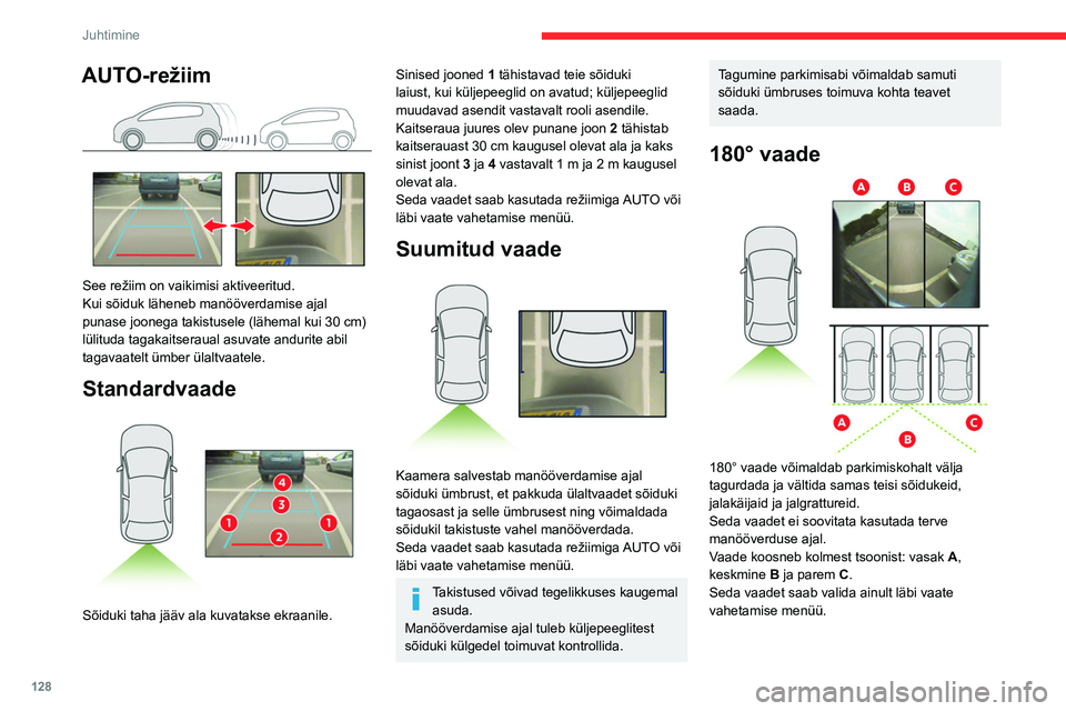 CITROEN BERLINGO VAN 2021  Kasutusjuhend (in Estonian) 128
Juhtimine
Park Assist
Vaadake „Üldjuhiseid juhtimise ja 
manööverdamise abisüsteemide kasutamise 
kohta“.
See süsteem pakub parkimisel aktiivset abi 
manuaalkäigukastiga sõidukitele: tu