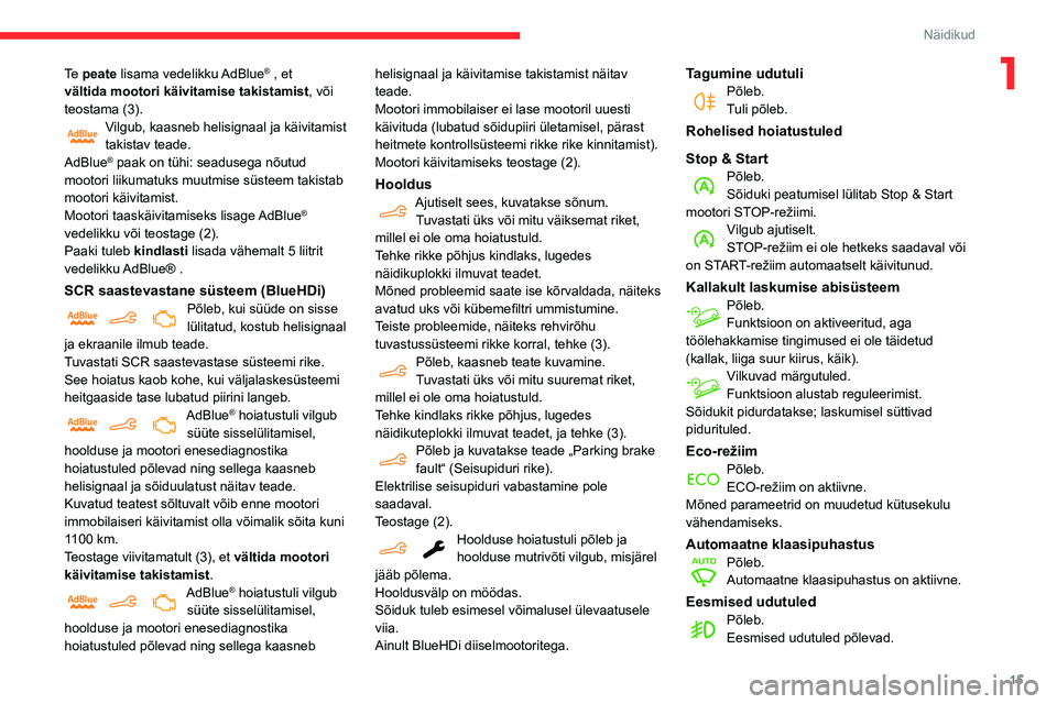 CITROEN BERLINGO VAN 2021  Kasutusjuhend (in Estonian) 15
Näidikud
1Te  peate lisama vedelikku AdBlue® , et 
vältida mootori käivitamise takistamist, või 
teostama
 
(3).
Vilgub, kaasneb helisignaal ja käivitamist 
takistav teade.
AdBlue
® paak on 