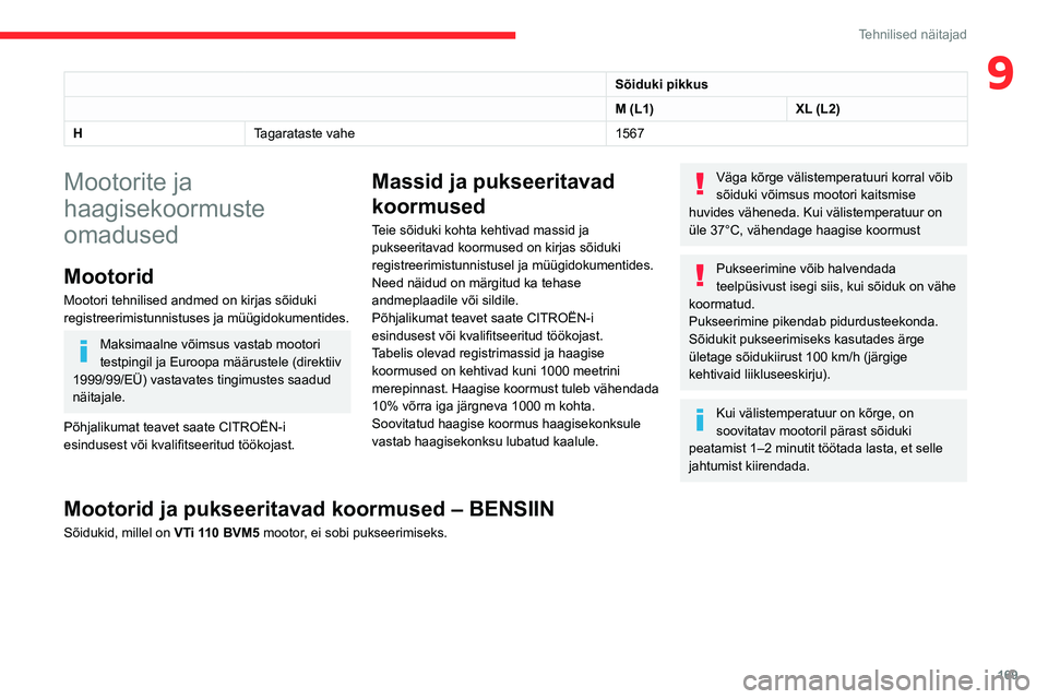 CITROEN BERLINGO VAN 2021  Kasutusjuhend (in Estonian) 169
Tehnilised näitajad
9Sõiduki pikkus
M (L1)XL (L2)
H Tagarataste vahe 1567
Mootorite ja 
haagisekoormuste 
omadused
Mootorid
Mootori tehnilised andmed on kirjas sõiduki 
registreerimistunnistuse