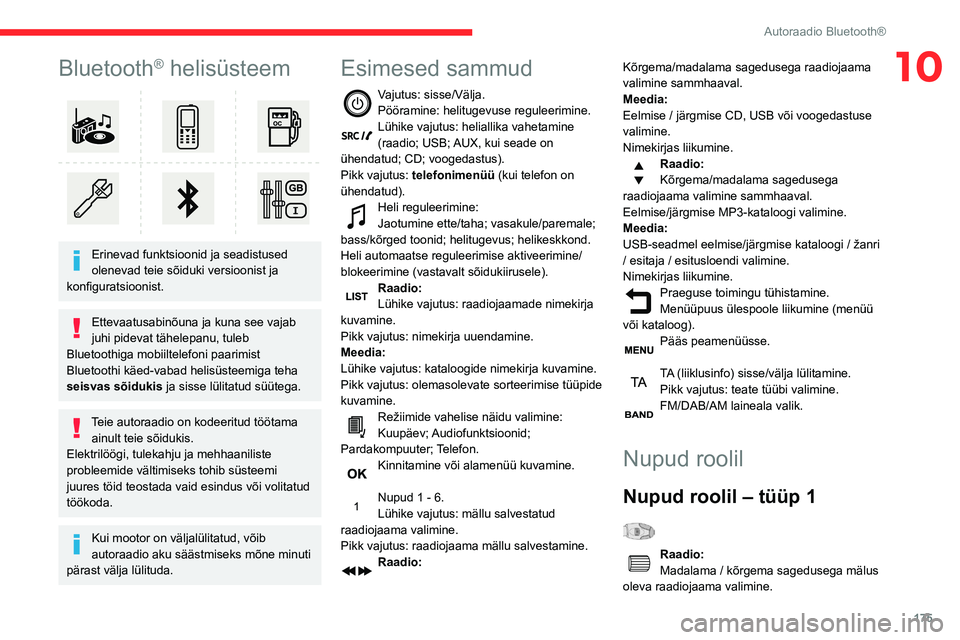 CITROEN BERLINGO VAN 2021  Kasutusjuhend (in Estonian) 175
Autoraadio Bluetooth®
10Bluetooth® helisüsteem 
 
Erinevad funktsioonid ja seadistused 
olenevad teie sõiduki versioonist ja 
konfiguratsioonist.
Ettevaatusabinõuna ja kuna see vajab 
juhi pi