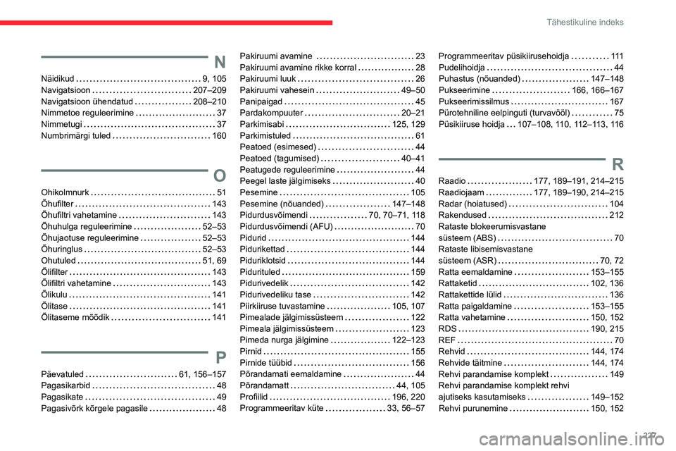 CITROEN BERLINGO VAN 2021 Kasutusjuhend (in Estonian) 227
Tähestikuline indeks
N
Näidikud 9, 105
Navigatsioon
207–209
Navigatsioon ühendatud
208–210
Nimmetoe reguleerimine
37
Nimmetugi
37
Numbrimärgi tuled
160
O
Ohiko CITROEN BERLINGO VAN 2021 Kasutusjuhend (in Estonian) 227
Tähestikuline indeks
N
Näidikud 9, 105
Navigatsioon
207–209
Navigatsioon ühendatud
208–210
Nimmetoe reguleerimine
37
Nimmetugi
37
Numbrimärgi tuled
160
O
Ohiko