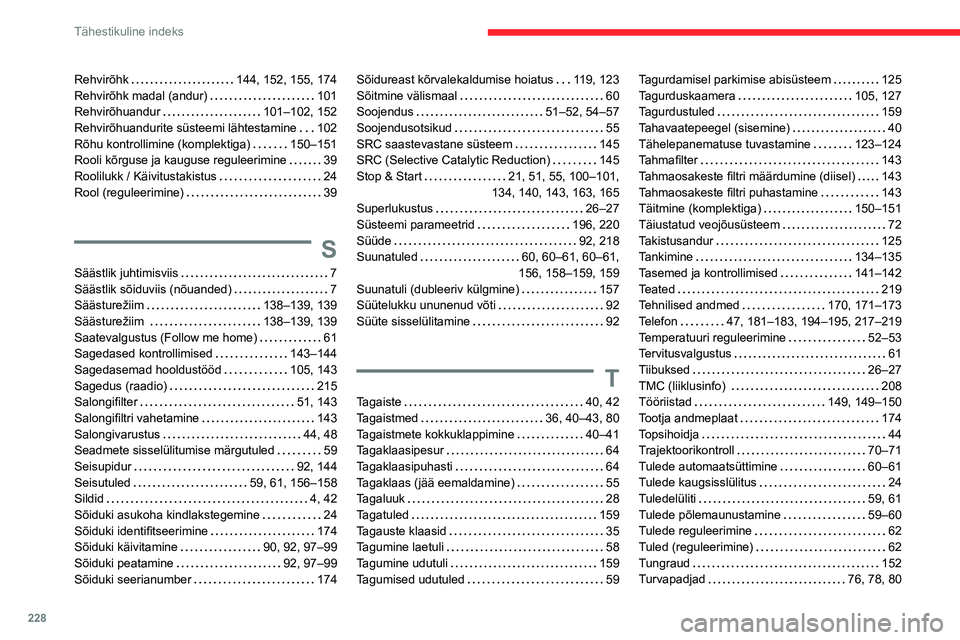 CITROEN BERLINGO VAN 2021  Kasutusjuhend (in Estonian) 228
Tähestikuline indeks
Rehvirõhk     144, 152, 155, 174
Rehvirõhk madal (andur)     
101
Rehvirõhuandur
    
101–102, 152
Rehvirõhuandurite süsteemi lähtestamine
    
102
Rõhu kontrollimin